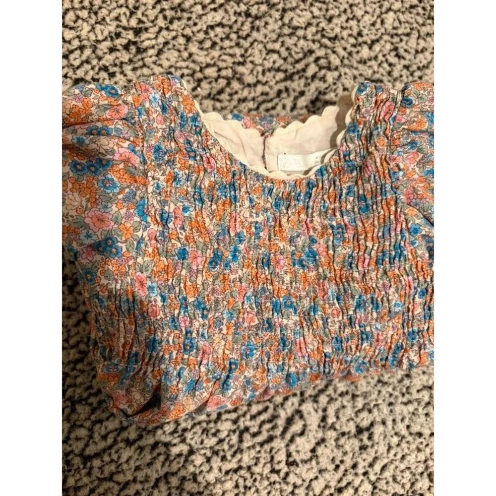ZARA Floral Smocked Dress 4 years Blue Orange Puff Sleeve Cottagecore Boho Mini